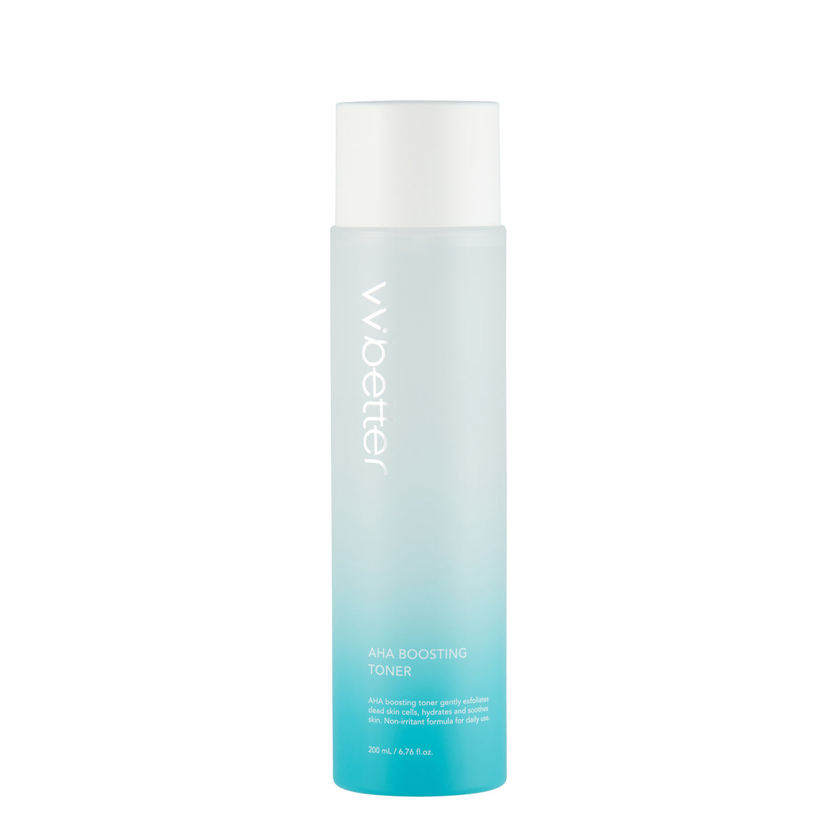 Flacone verticale da 200 ml del vvbetter AHA Boosting Toner con sfumatura dal bianco all’azzurro, tappo bianco e scritte minimal su sfondo bianco, dal design fresco e pulito.