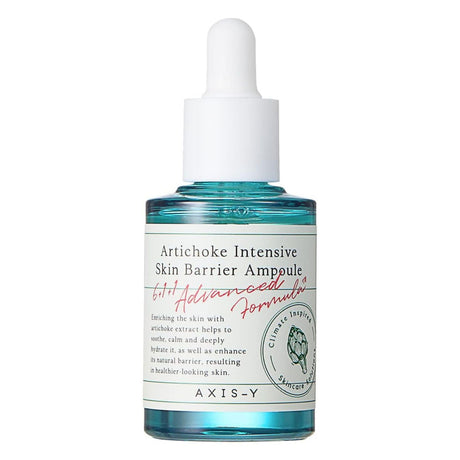 Flacone in vetro trasparente azzurro con contagocce bianco del siero AXIS-Y Artichoke Intensive Skin Barrier Ampoule, mostrato in primo piano su sfondo bianco. L’etichetta evidenzia gli ingredienti attivi e la formula 6+1 Advanced.