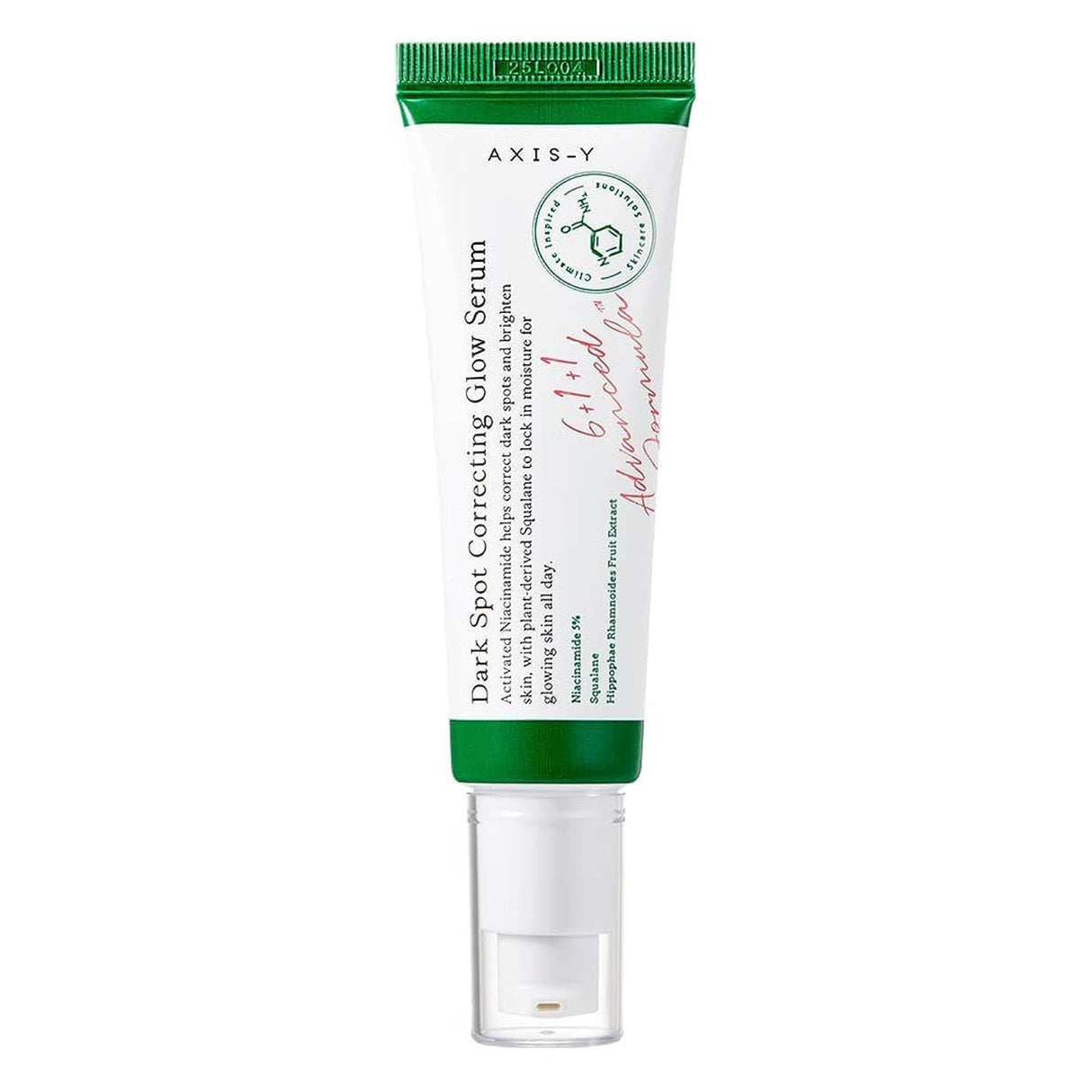 Tubo verticale di siero AXIS-Y Dark Spot Correcting Glow Serum da 50 ml con tappo trasparente e scritte verdi e rosse, su sfondo bianco neutro.