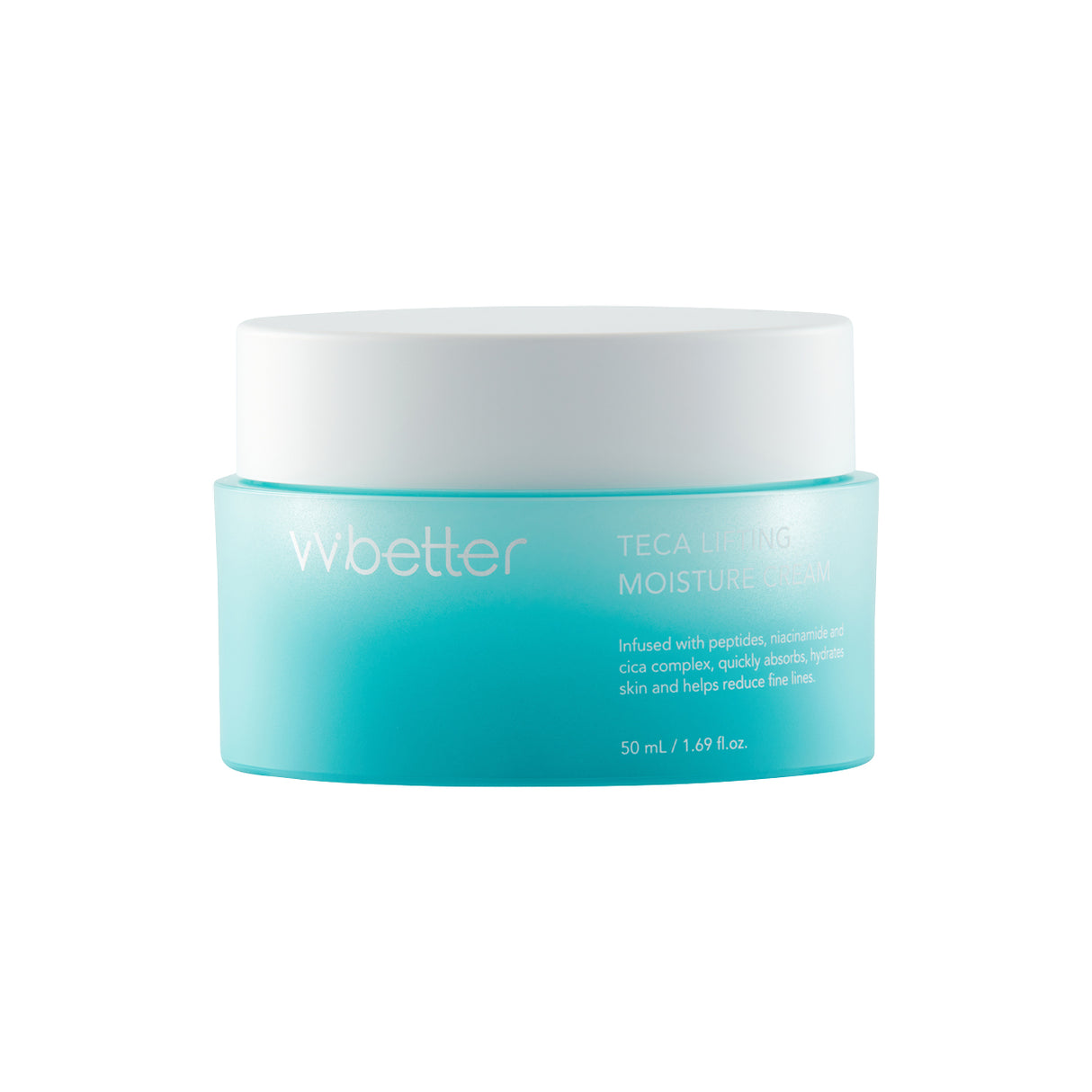 Vasetto azzurro con tappo bianco della vvbetter Teca Lifting Moisture Cream da 50 ml / 1.69 fl.oz., con testo descrittivo che evidenzia la presenza di peptidi, niacinamide e cica complex per un’idratazione profonda e un effetto anti-rughe.