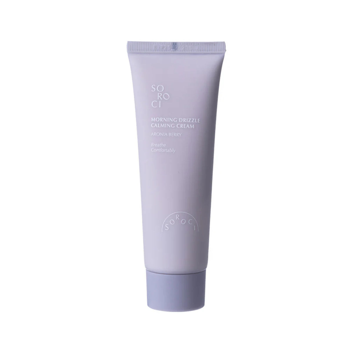 Tubo verticale lilla di crema viso SOROCI Morning Drizzle Calming Cream alla aronia berry, su sfondo bianco con design minimal e scritte centrali.