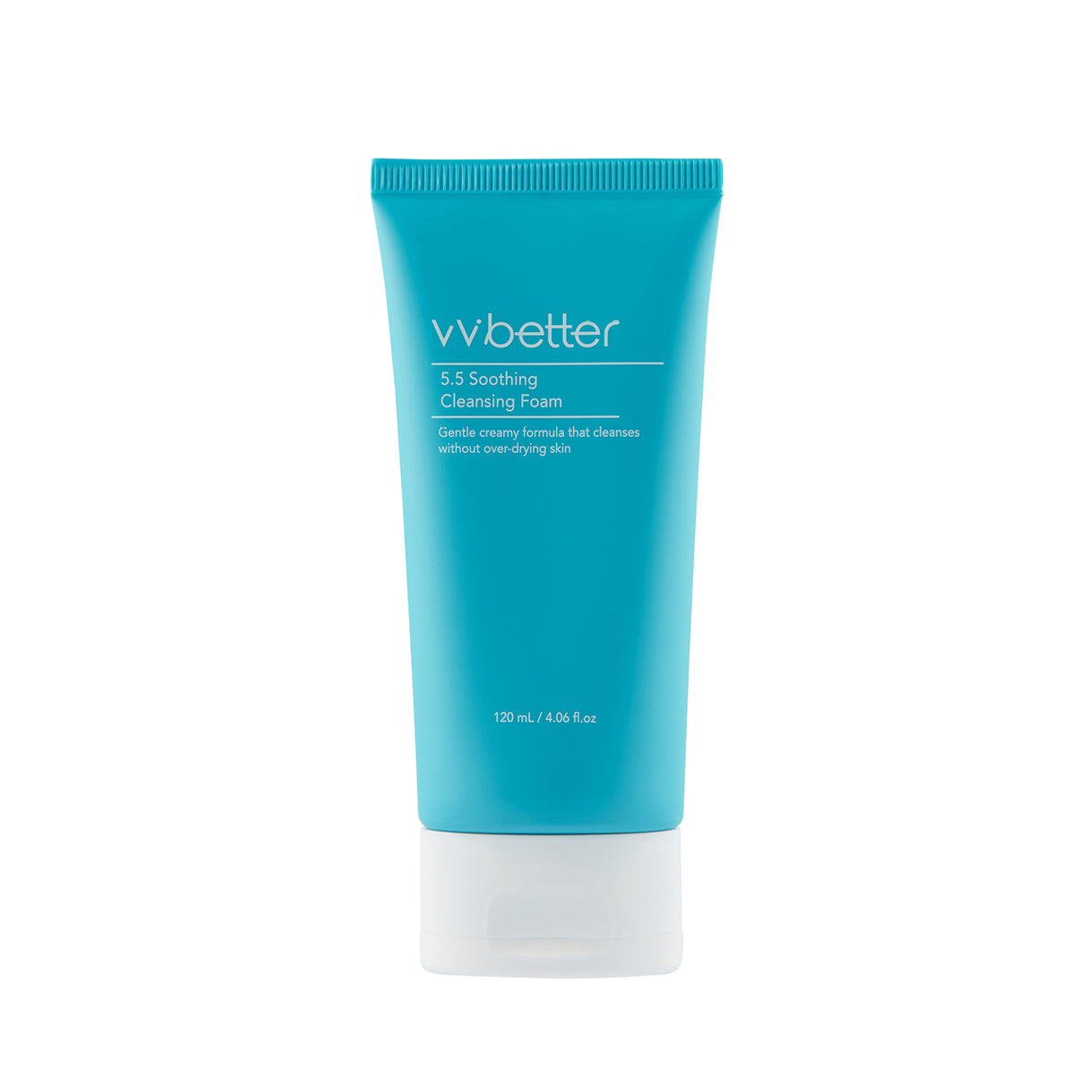 Tubo azzurro con tappo bianco del detergente viso vvbetter 5.5 Soothing Cleansing Foam, con scritte bianche su sfondo bianco.