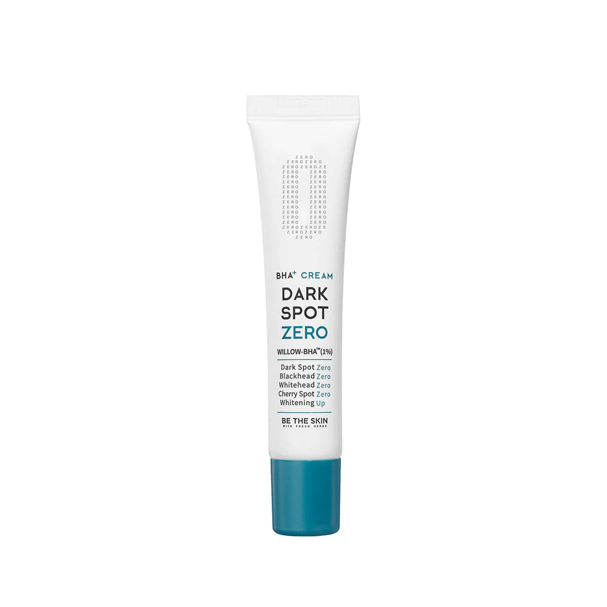 Tubo della crema BE THE SKIN Dark Spot Zero BHA+ con tappo azzurro, fotografato su sfondo bianco. La confezione mostra le diciture principali come "Dark Spot Zero", "Willow-BHA™ (1%)" e "Whitening Up".