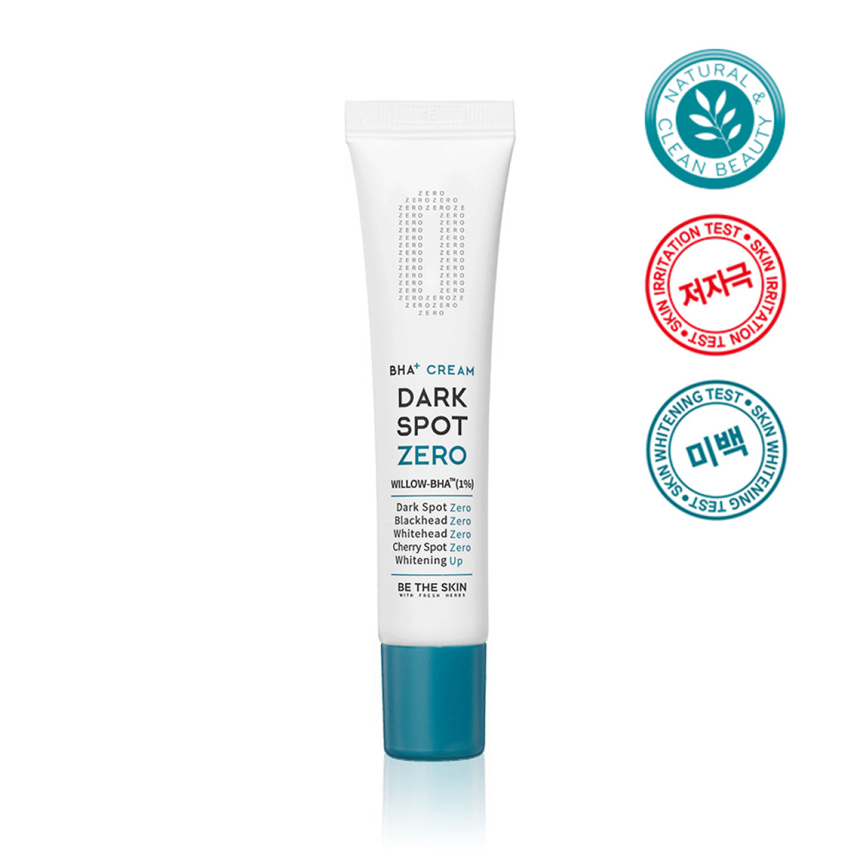 Tubo di crema BE THE SKIN Dark Spot Zero BHA+ con tappo azzurro, affiancato da tre certificazioni grafiche: "Natural & Clean Beauty", "Skin Irritation Test" in rosso, e "Skin Whitening Test" in blu.