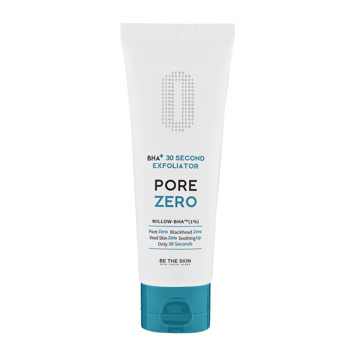 Tubo bianco e blu dell’esfoliante BE THE SKIN PORE ZERO BHA+ 30 Second Exfoliator, con testo descrittivo sulla formula con Willow-BHA al 1%, su sfondo bianco.