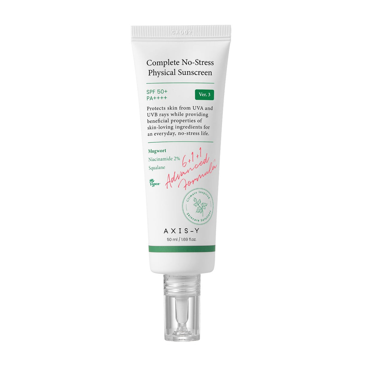Crema solare AXIS-Y Complete No-Stress SPF 50+ PA++++, tubo bianco da 50 ml per pelli sensibili, protezione solare fisica.