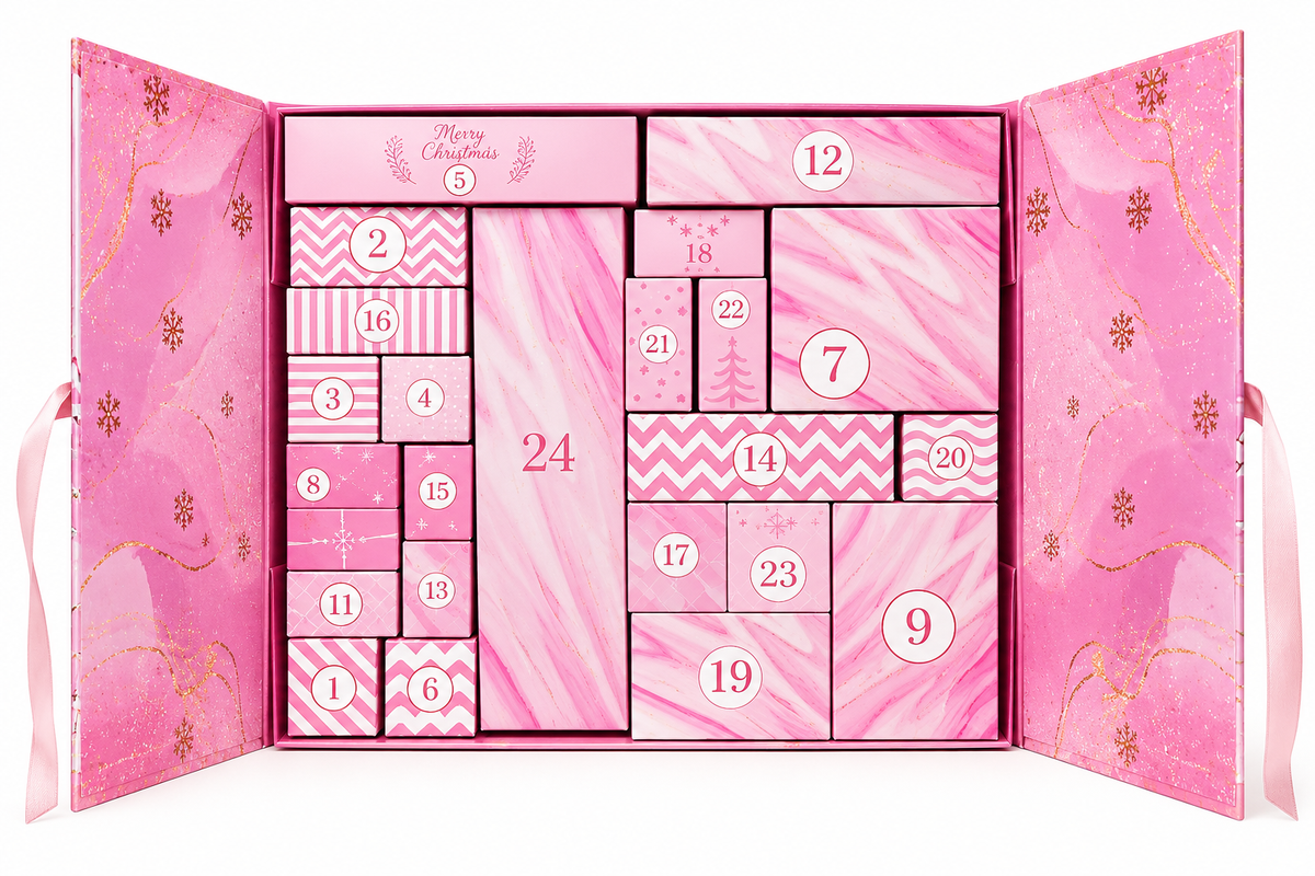 Calendario dell'avvento skincare coreana aperto: scatola rosa con apertura a libro e 24 caselle numerate