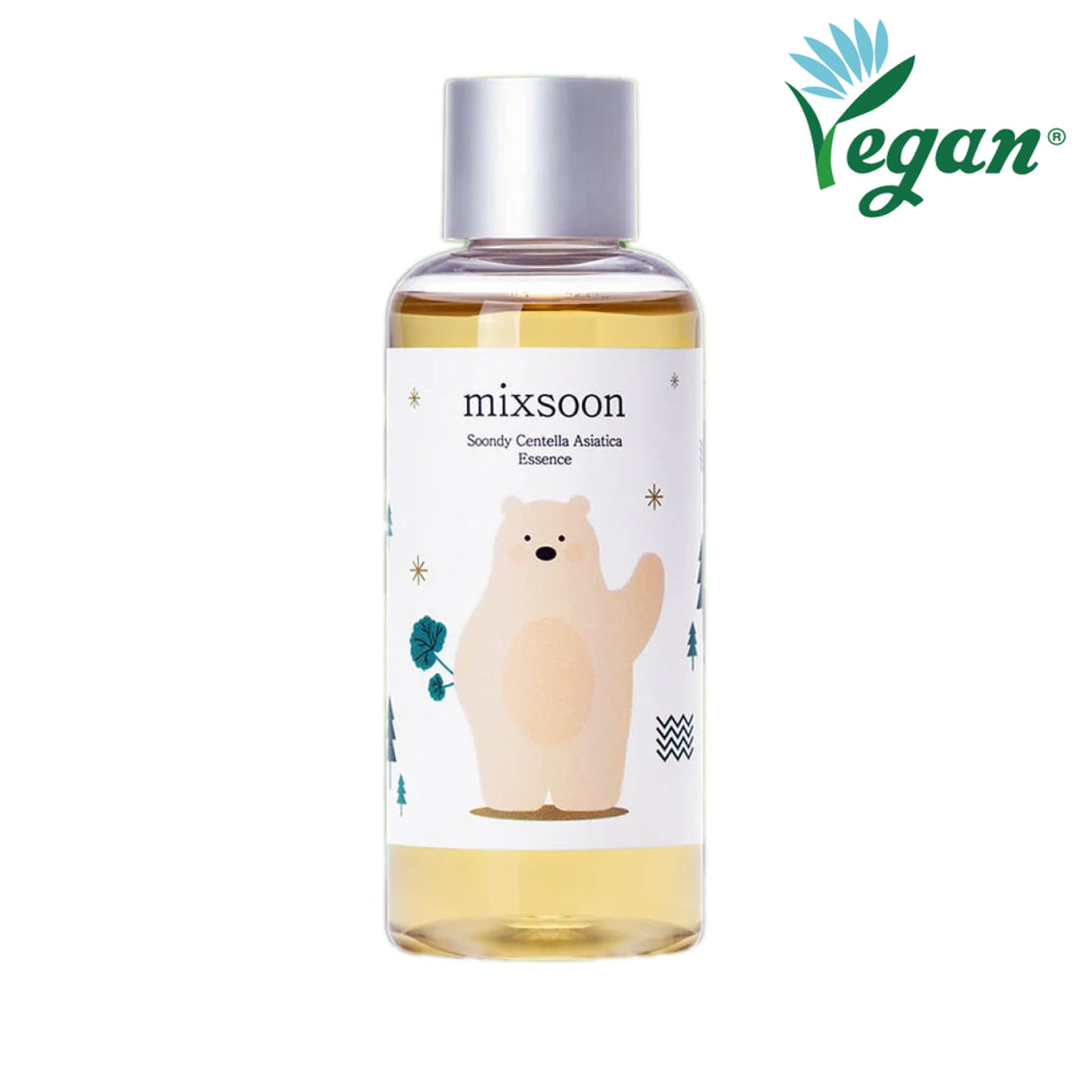 Bottiglia trasparente di Mixsoon Soondy Centella Asiatica Essence con etichetta decorata da un simpatico orso beige e motivi naturali. La scritta "Vegan" in alto a destra evidenzia la certificazione del prodotto come vegano.
