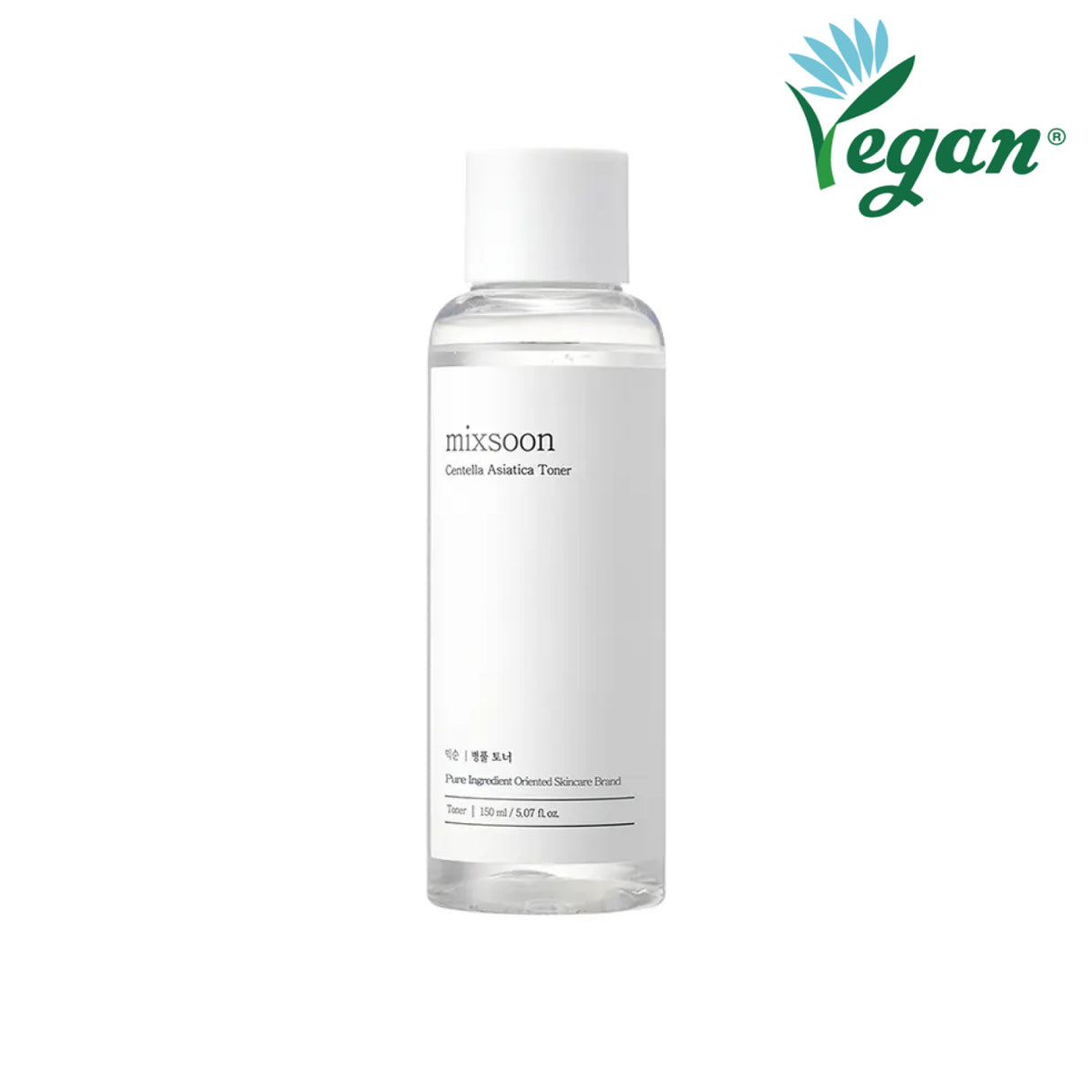 Flacone trasparente da 150 ml di Mixsoon Centella Asiatica Toner con tappo bianco e design minimalista, accompagnato dal logo “Vegan” in alto a destra che indica la certificazione cruelty-free e vegana del prodotto.