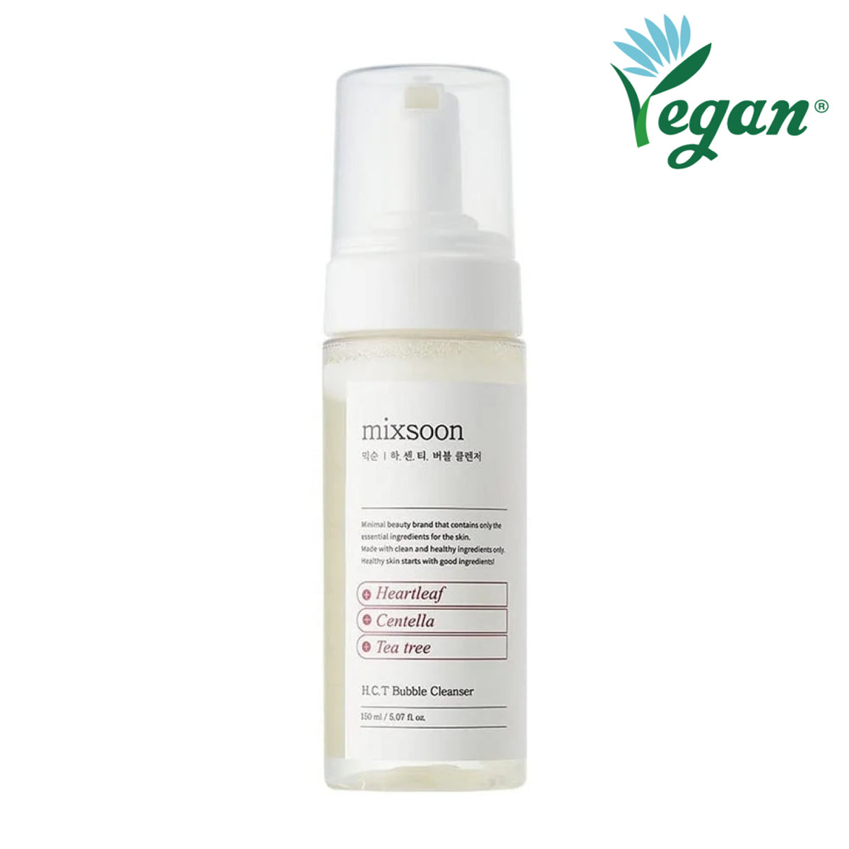 "Flacone trasparente del detergente viso schiumogeno Mixsoon H.C.T. Bubble Cleanser da 150 ml con tappo bianco opaco, etichetta minimal e logo Vegan in alto a destra."