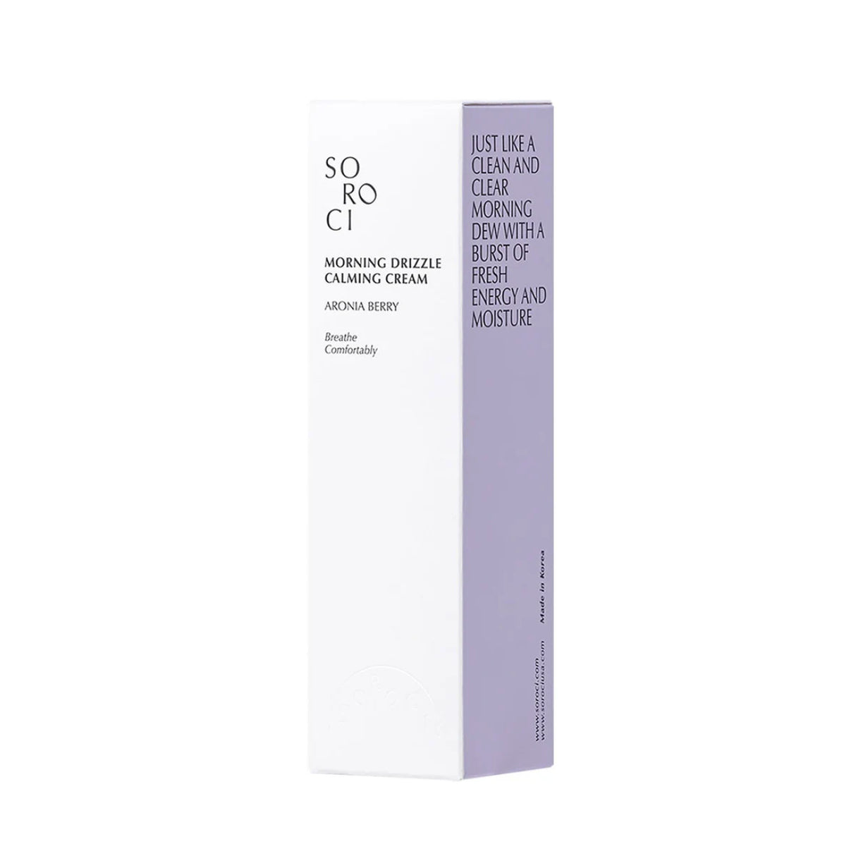 Confezione del mist viso SOROCI Morning Drizzle Calming Cream alla aronia berry, in verticale su sfondo bianco, con design minimal e scritte nere e viola.