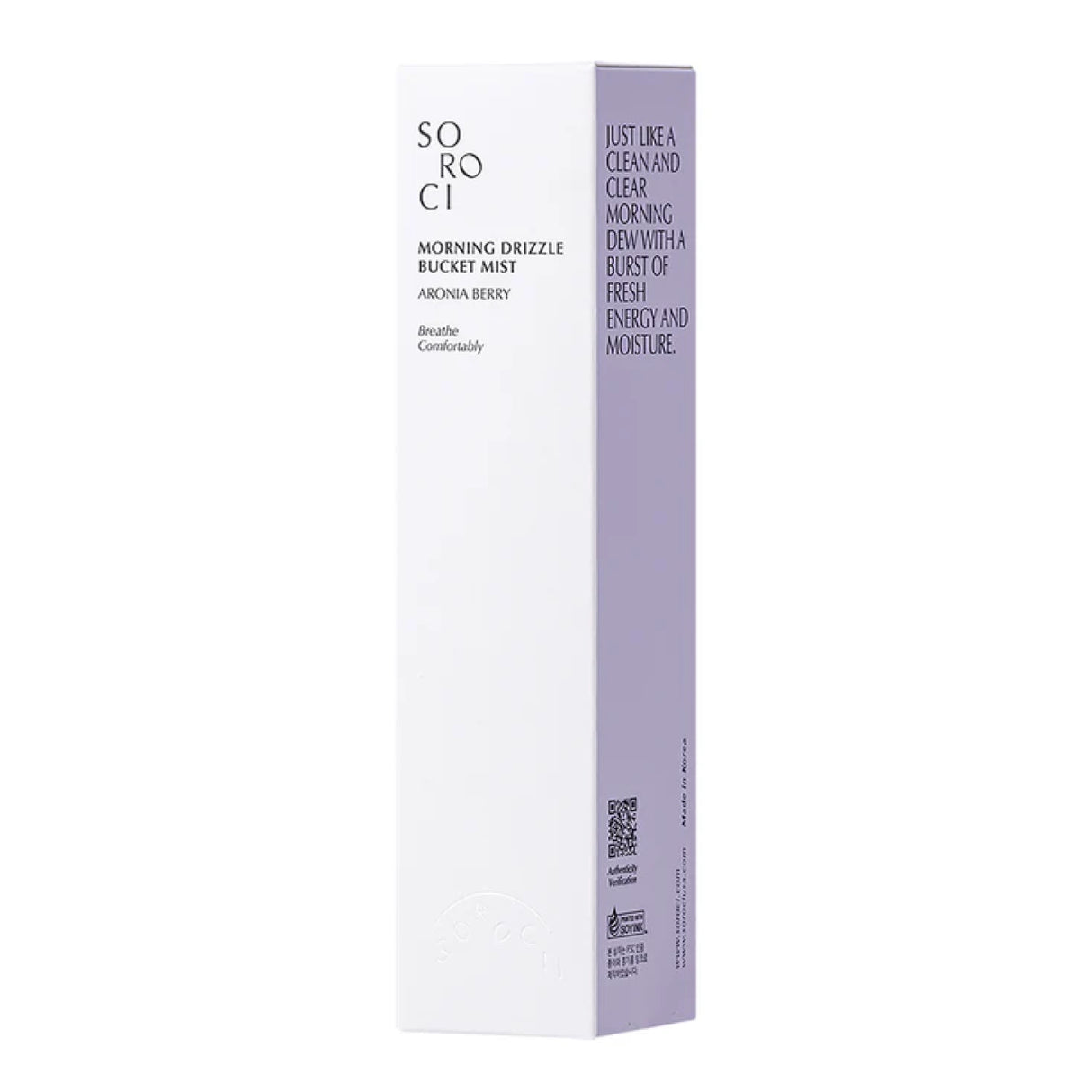 Confezione del mist viso SOROCI Morning Drizzle Bucket Mist alla aronia berry, in verticale su sfondo bianco, con design minimal e scritte nere e viola.