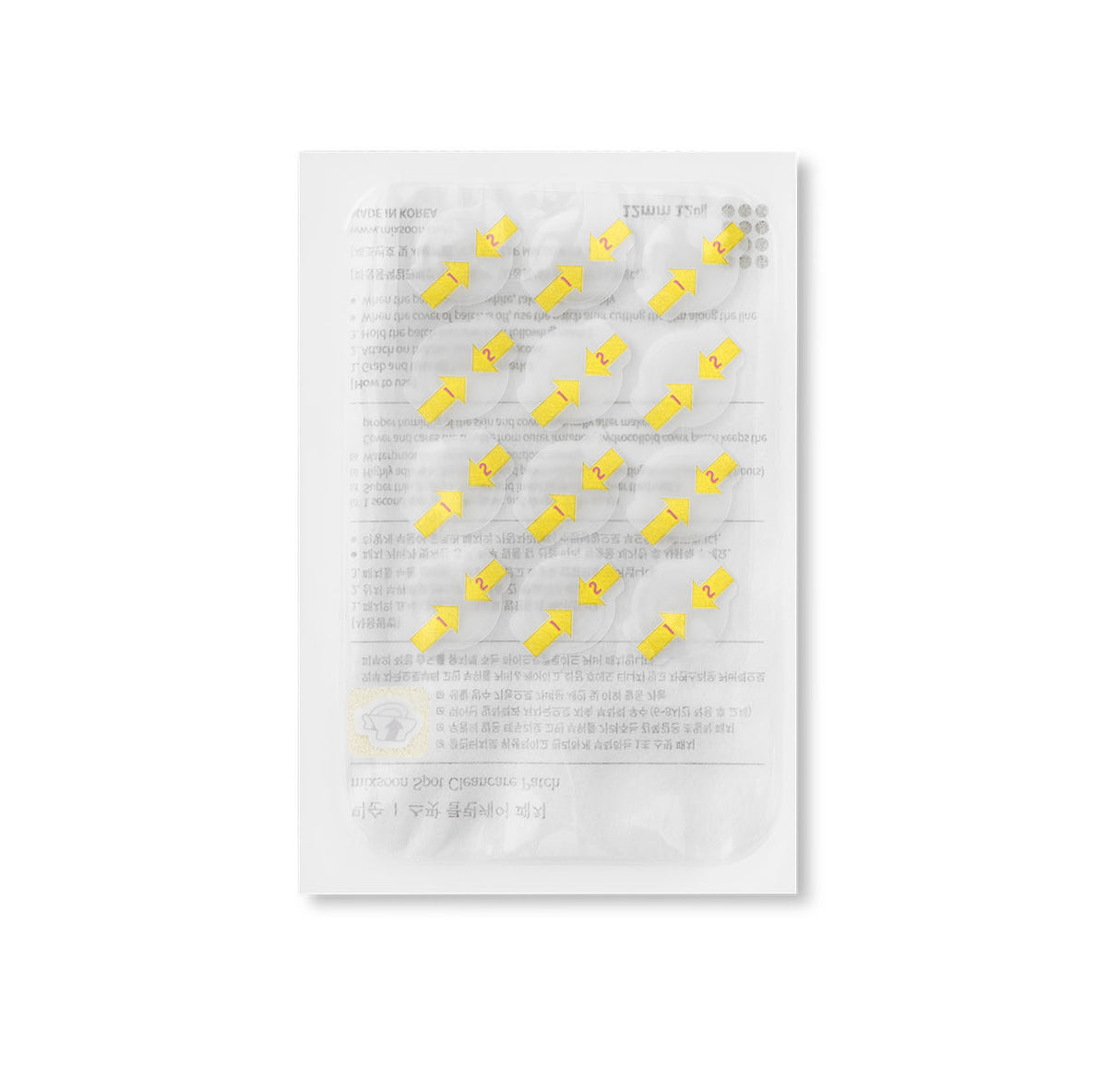 Foglio trasparente di cerotti Mixsoon Spot Cleancare Patch con etichette gialle numerate e frecce per facilitare il distacco, su sfondo bianco.