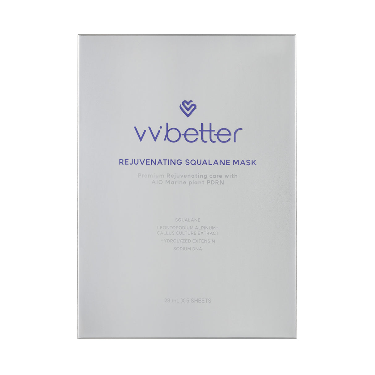 Confezione frontale della maschera viso vvbetter Rejuvenating Squalane Mask su sfondo bianco, con design minimalista e testo centrale in viola.