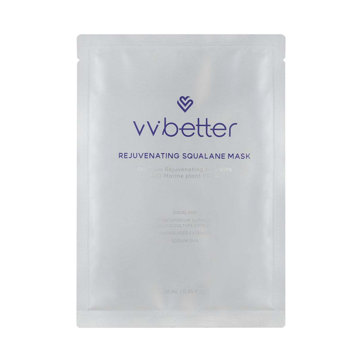 Confezione frontale della maschera viso vvbetter Rejuvenating Squalane Mask su sfondo bianco, con design minimalista e testo centrale in viola.