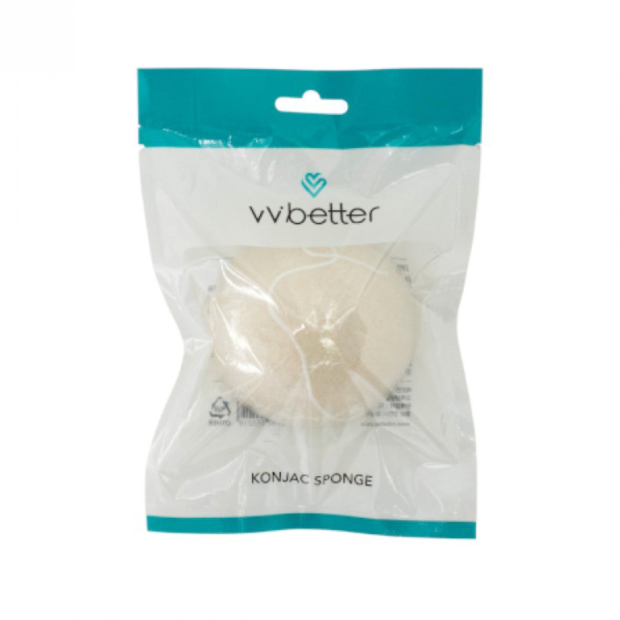 konjac sponge vvbbetter sacchetto bordo azzurro con dentro spugnetta bianca su sfondo bianco