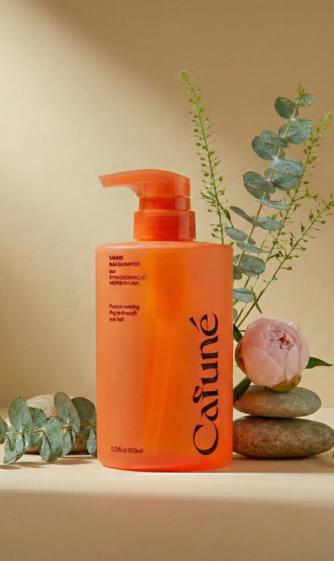 Bottiglia arancione con erogatore dello shampoo Cafuné Bias Shampoo 500 ml fotografata in set botanico con pietre decorative, foglie di eucalipto e fiore rosa su sfondo chiaro