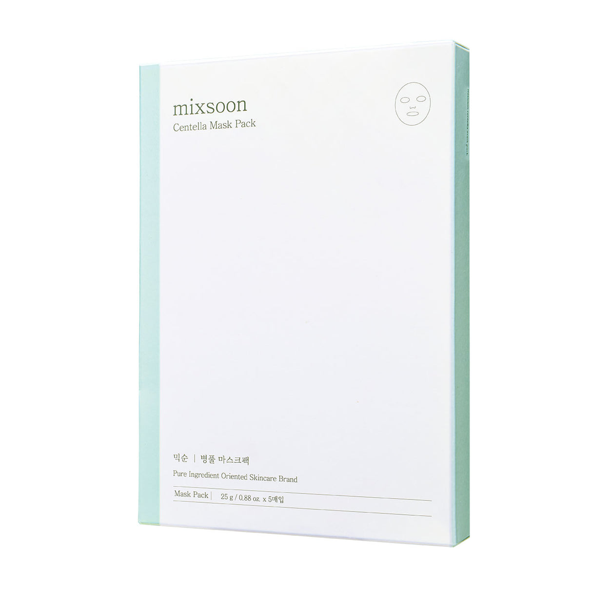 Confezione della Mixsoon Centella Mask Pack, design minimal bianco con bordi verde menta e scritte sottili, su sfondo bianco.