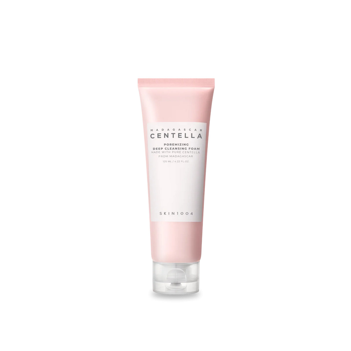 Tubo rosa da 125ml del detergente SKIN1004 Madagascar Centella Poreminizing Deep Cleansing Foam su sfondo .