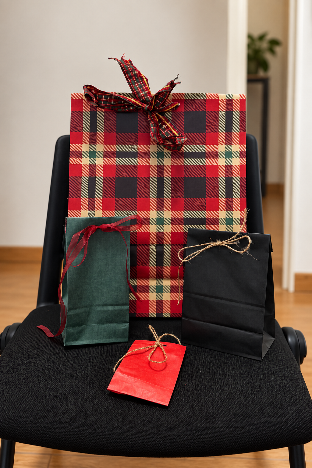 Confezione regalo scozzese con fiocco e sacchetti regalo dei calendari dell'avvento CosmoK su una poltrona nera