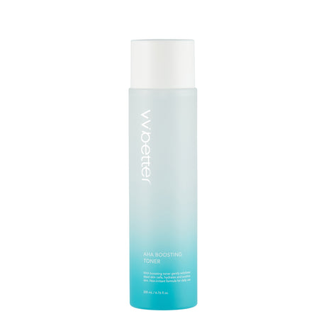 Flacone verticale da 200 ml del vvbetter AHA Boosting Toner con sfumatura dal bianco all’azzurro, tappo bianco e scritte minimal su sfondo bianco, dal design fresco e pulito.


