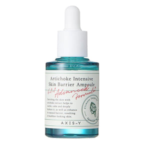 Flacone in vetro trasparente azzurro con contagocce bianco del siero AXIS-Y Artichoke Intensive Skin Barrier Ampoule, mostrato in primo piano su sfondo bianco. L’etichetta evidenzia gli ingredienti attivi e la formula 6+1 Advanced.

