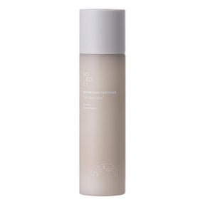 Flacone cilindrico opaco del tonico viso SOROCI Repair Skin Softener Organic Rice con tappo bianco e scritte bianche, su sfondo bianco.