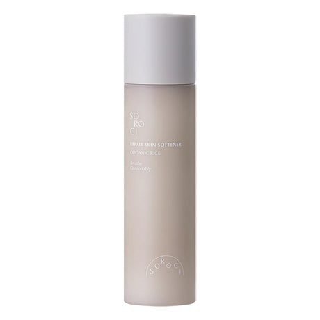 Flacone cilindrico opaco del tonico viso SOROCI Repair Skin Softener Organic Rice con tappo bianco e scritte bianche, su sfondo bianco.
