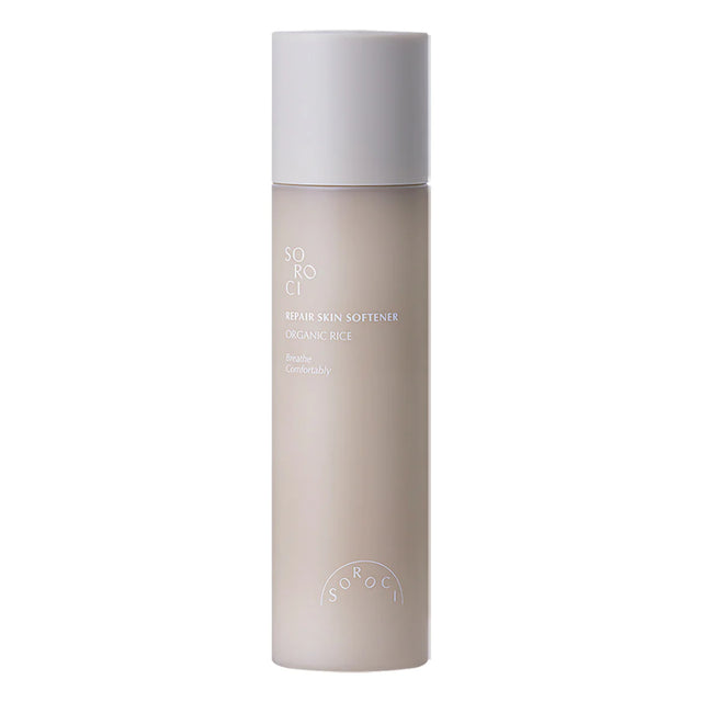 Flacone cilindrico opaco del tonico viso SOROCI Repair Skin Softener Organic Rice con tappo bianco e scritte bianche, su sfondo bianco.