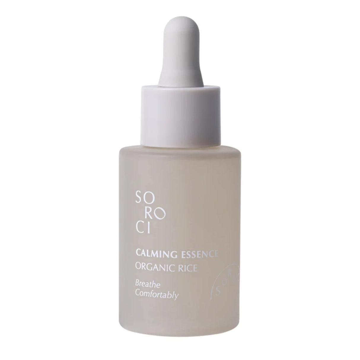 Flacone opaco con contagocce bianco della SOROCI Calming Essence Organic Rice, su sfondo bianco neutro con design minimal e scritta centrale.