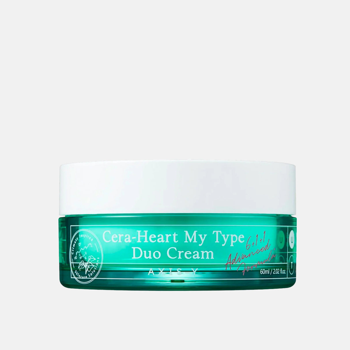 Vasetto verde trasparente di crema viso AXIS-Y Cera-Heart My Type Duo Cream con tappo bianco, su sfondo chiaro neutro e inquadratura frontale.