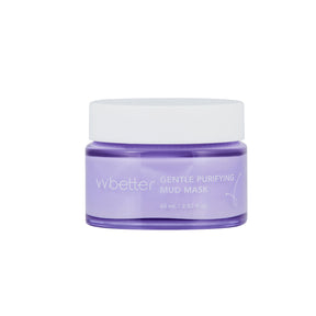 Un barattolo viola chiaro del prodotto vvbetter Gentle Purifying Mud Mask da 60 mL con tappo bianco opaco, mostrato su sfondo bianco neutro. Il design minimalista e pulito riflette l'identità visiva del marchio.