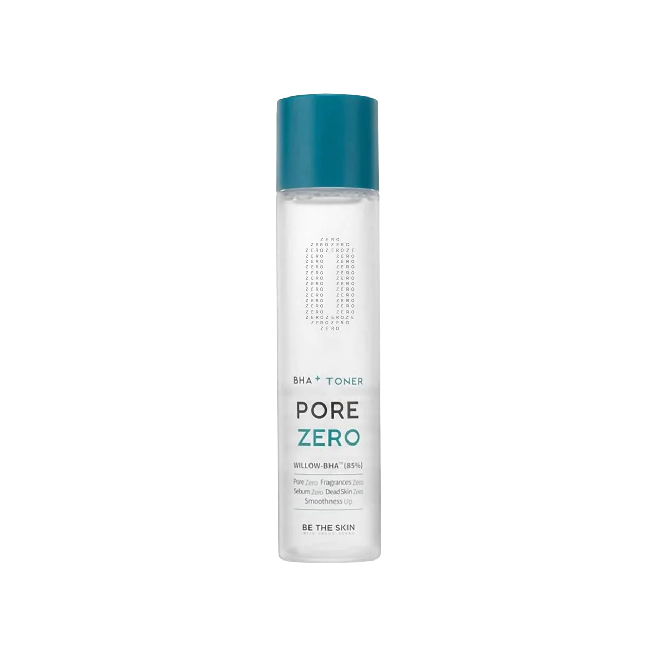 ChatGPT ha detto:
Flacone trasparente con tappo blu petrolio del tonico esfoliante BE THE SKIN Pore Zero BHA+ Toner, con scritte nere e azzurre su sfondo bianco.