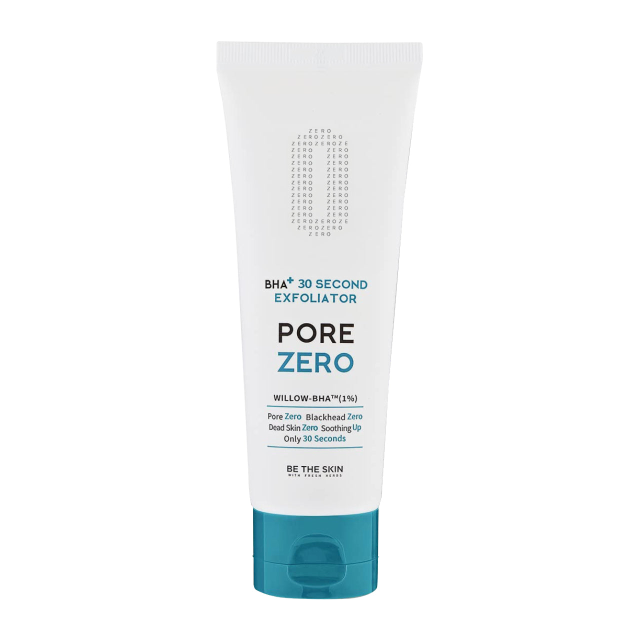 Tubo bianco e blu dell’esfoliante BE THE SKIN PORE ZERO BHA+ 30 Second Exfoliator, con testo descrittivo sulla formula con Willow-BHA al 1%, su sfondo bianco.

