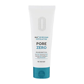 Tubo bianco e blu dell’esfoliante BE THE SKIN PORE ZERO BHA+ 30 Second Exfoliator, con testo descrittivo sulla formula con Willow-BHA al 1%, su sfondo bianco.

