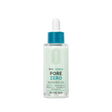 Flacone con contagocce del siero viso BE THE SKIN PORE ZERO BHA+ SERUM con tappo blu e scritte nere e azzurre su sfondo bianco.