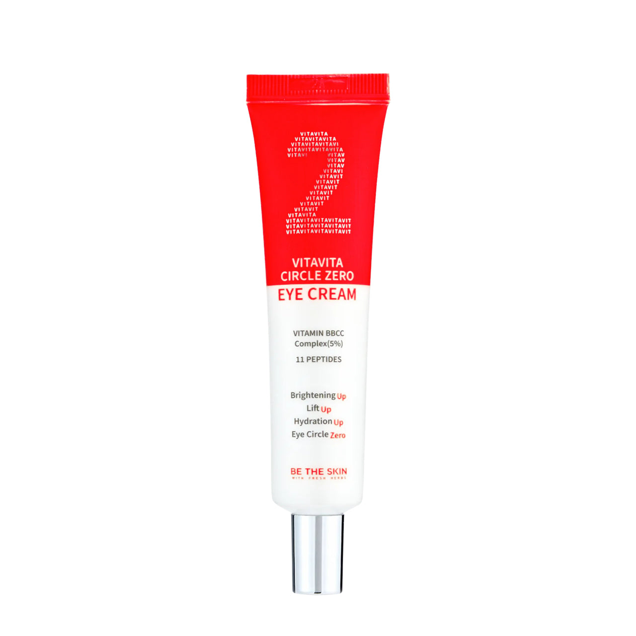 Tubo di crema per il contorno occhi "Vitavita Circle Zero Eye Cream" del brand Be The Skin, con tappo argentato e design rosso e bianco. Il prodotto evidenzia la presenza di Vitamina BBCC Complex (5%) e 11 peptidi, con benefici come illuminazione, effetto liftante, idratazione e riduzione delle occhiaie.


