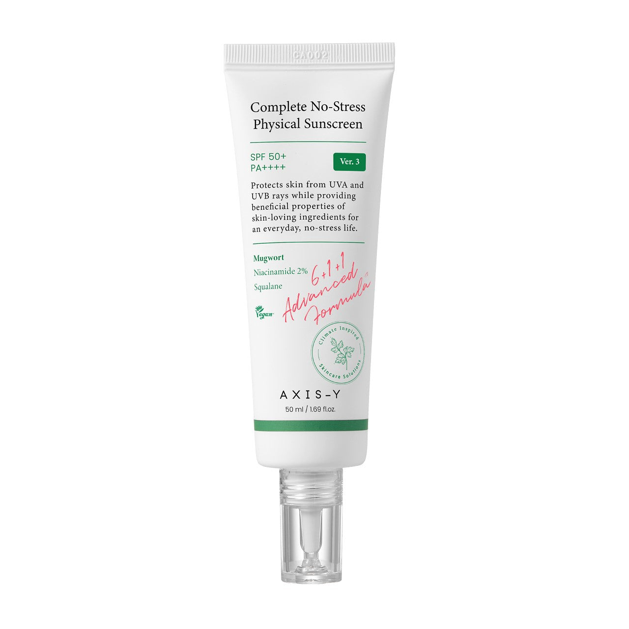 Crema solare AXIS-Y Complete No-Stress SPF 50+ PA++++, tubo bianco da 50 ml per pelli sensibili, protezione solare fisica.