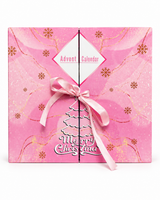 Calendario dell'avvento skincare coreana in scatola regalo rosa chiusa con fiocco di raso e scritta Merry Christmas