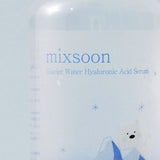 "Dettaglio dell'etichetta del siero Mixsoon Glacier Water Hyaluronic Acid Serum, con il nome del prodotto in blu, fiocchi di neve stilizzati e un'illustrazione di un orso polare tra i ghiacci."

