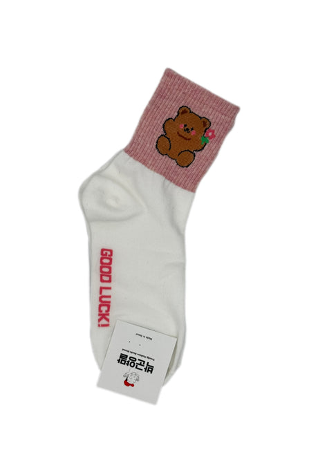 Calze coreane bianche con patch a forma di orsetto