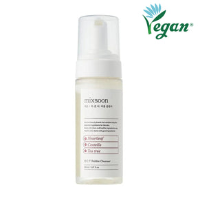 "Flacone trasparente del detergente viso schiumogeno Mixsoon H.C.T. Bubble Cleanser da 150 ml con tappo bianco opaco, etichetta minimal e logo Vegan in alto a destra."

