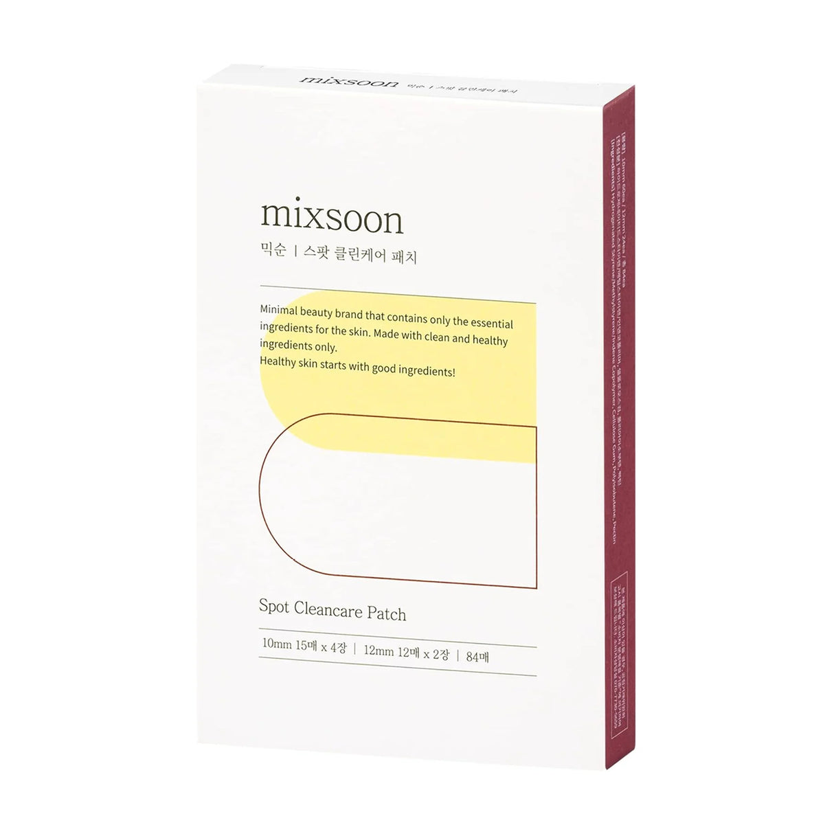 Confezione del Mixsoon Spot Cleancare Patch, con grafica minimal bianca e dettagli gialli, testo descrittivo frontale e lato color bordeaux, su sfondo bianco.