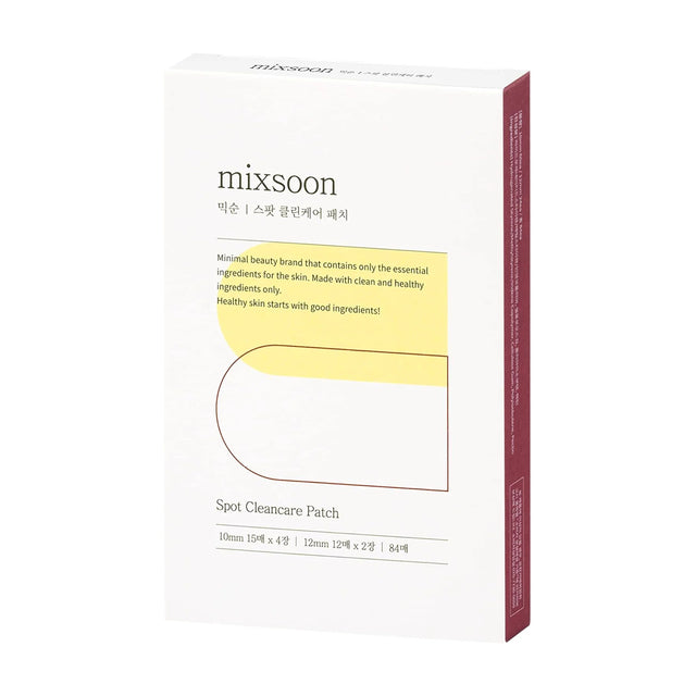 Confezione del Mixsoon Spot Cleancare Patch, con grafica minimal bianca e dettagli gialli, testo descrittivo frontale e lato color bordeaux, su sfondo bianco.