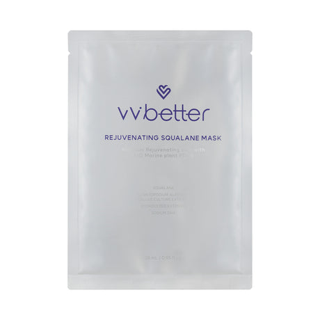 Confezione frontale della maschera viso vvbetter Rejuvenating Squalane Mask su sfondo bianco, con design minimalista e testo centrale in viola.