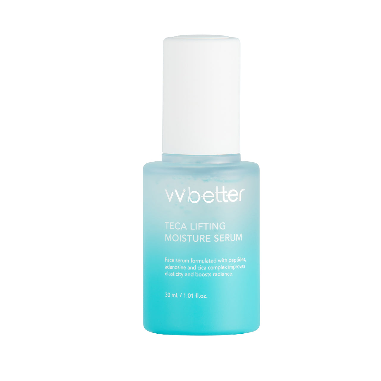 Flacone azzurro di siero viso Wbetter TECA Lifting Moisture da 30ml con tappo trasparente, fotografato su sfondo bianco