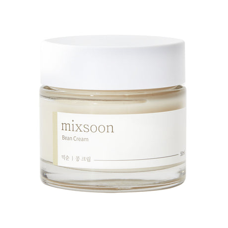  "Barattolo in vetro trasparente con tappo bianco della Mixsoon Bean Cream, crema viso idratante ed elasticizzante, mostrata su sfondo bianco neutro."