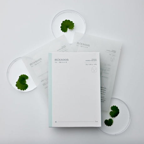 mixsoon centella mask pack rettangolo bianco su sfondo bianco con foglioline 
