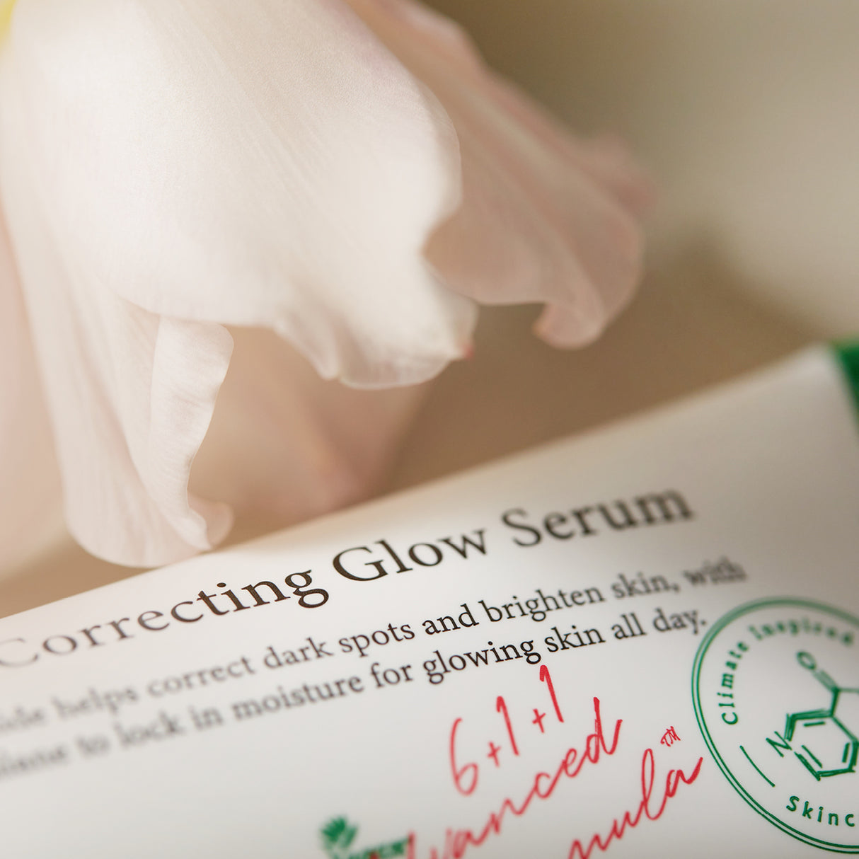 Primo piano ravvicinato dell’etichetta del siero AXIS-Y Dark Spot Correcting Glow Serum, con un morbido petalo rosa sfocato in primo piano che conferisce un tocco poetico e delicato all’immagine.

