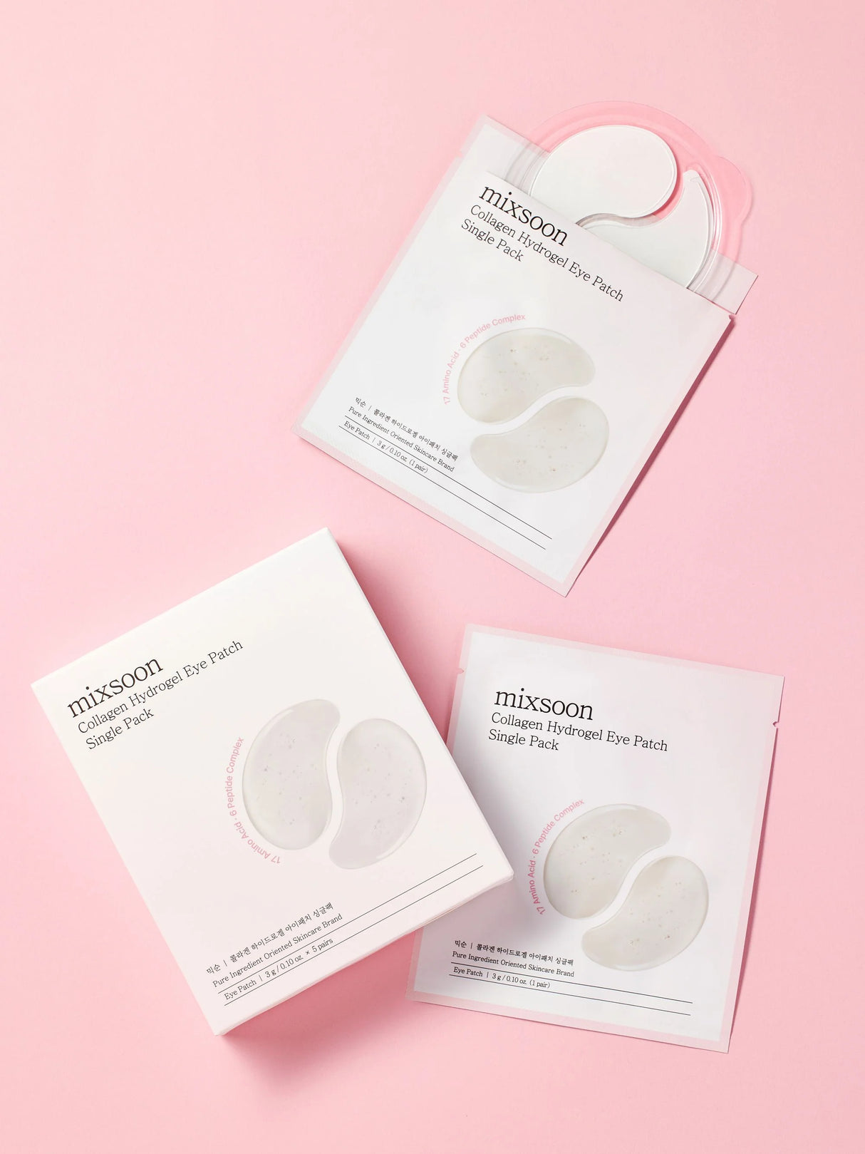 Tre confezioni Mixsoon Collagen Hydrogel Eye Patch Single Pack disposte su sfondo chiaro, con patch occhi in idrogel visibili sulla grafica
